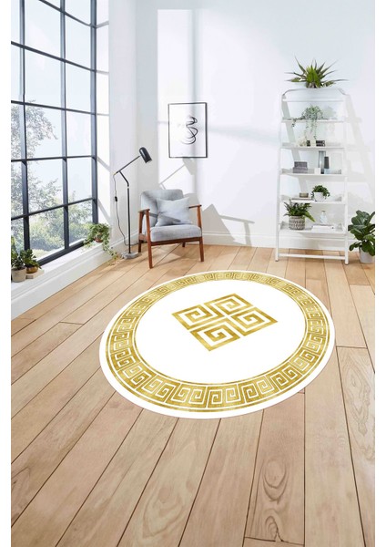 Çerçeveli Vektörel Desenli Yıkanabilir Kaymaz Yuvarlak Salon Halısı, Çerçeveli-Y-82-Gold, fırsatları