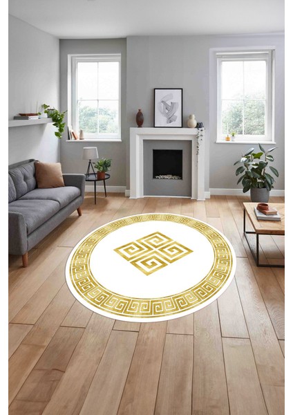 Çerçeveli Vektörel Desenli Yıkanabilir Kaymaz Yuvarlak Salon Halısı, Çerçeveli-Y-82-Gold, indirimleri