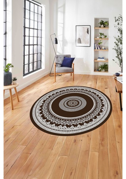 Çerçeveli Göbek Desenli Yıkanabilir Kaymaz Yuvarlak Salon Halısı, Çerçeveli-Y-88-Kahve,