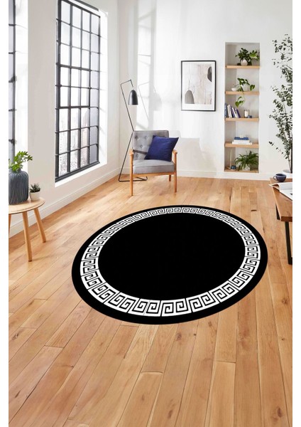 Çerçeveli Sade Vektörel Model Yıkanabilir Kaymaz Yuvarlak Salon Halısı, Çerçeveli-Y-98-Siyah,