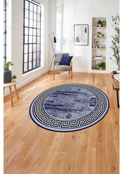 Çerçeveli Klasik Modern Baskılı Yıkanabilir Kaymaz Yuvarlak Salon HALISI,ÇERÇEVELİ-Y-106-LACİVERT,