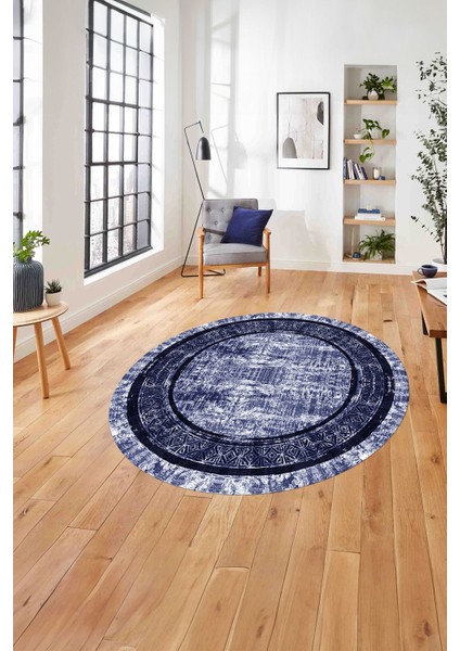 Çerçeveli Otantik Desen Detay Yıkanabilir Kaymaz Yuvarlak Salon Halısı, ÇERÇEVELİ-Y-115-LACİVERT,