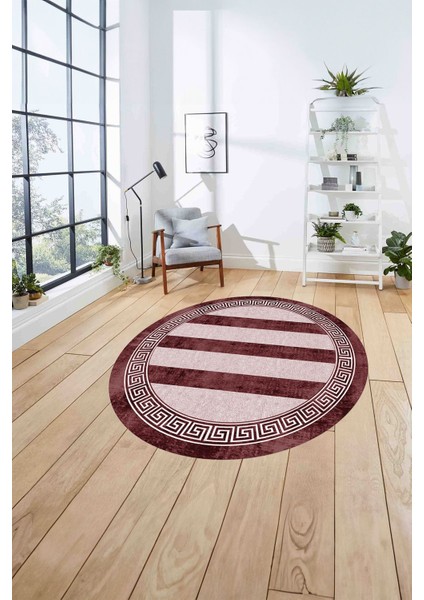 Çerçeveli Düz Çizgi Detaylı Yıkanabilir Kaymaz Yuvarlak Salon Halısı, ÇERÇEVELİ-Y-113-BORDO, fırsatları