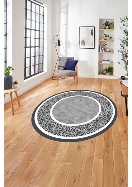Çerçeveli Yeni Nesil Model Yıkanabilir Kaymaz Yuvarlak Salon Halısı, Çerçeveli-Y-91-Gri,