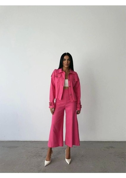 Keten Püskül Detaylı Gömlek-Pantolon Takım - Fuşya