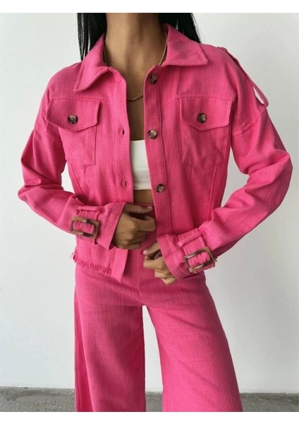 Keten Püskül Detaylı Gömlek-Pantolon Takım - Fuşya fırsatları