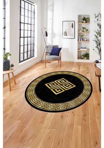Çerçeveli Vektörel Desenli Yıkanabilir Kaymaz Yuvarlak Salon Halısı, Çerçeveli-Y-82-Antrasit,