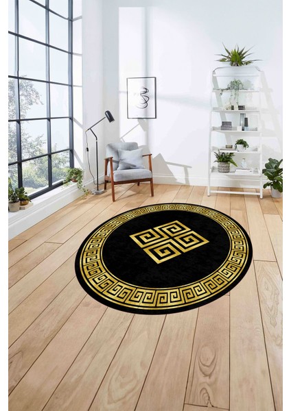 Çerçeveli Vektörel Desenli Yıkanabilir Kaymaz Yuvarlak Salon Halısı, Çerçeveli-Y-82-Antrasit, fırsatları