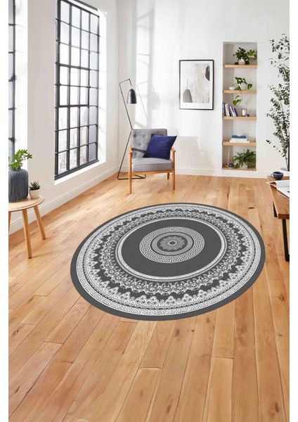 Çerçeveli Göbek Desenli Yıkanabilir Kaymaz Yuvarlak Salon Halısı, Çerçeveli-Y-88-Gri,
