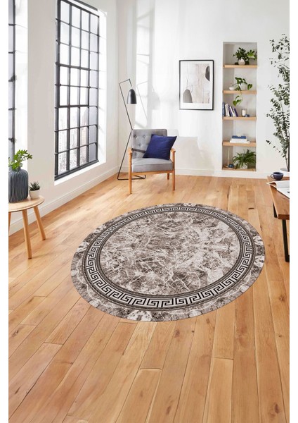 Çerçeveli Mermer Desen Baskılı Yıkanabilir Kaymaz Yuvarlak Salon Halısı, ÇERÇEVELİ-Y-100-VİZON,