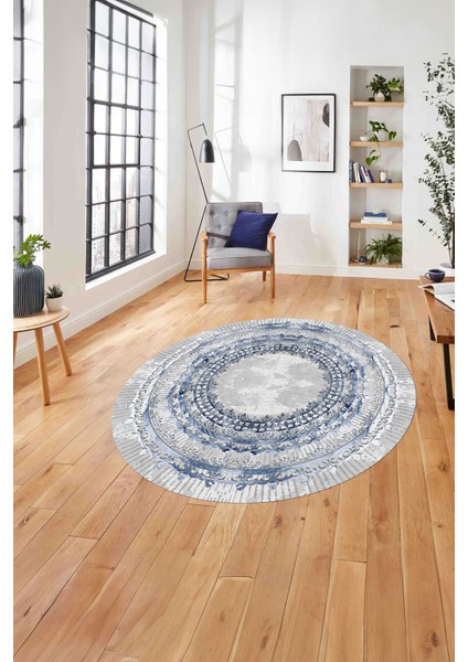 Çerçeveli Otantik Desen Yıkanabilir Kaymaz Yuvarlak Salon Halısı, Çerçeveli-Y-76-Lacivert,