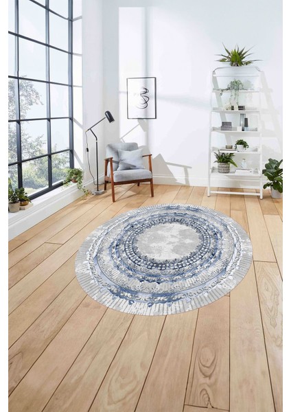 Çerçeveli Otantik Desen Yıkanabilir Kaymaz Yuvarlak Salon Halısı, Çerçeveli-Y-76-Lacivert, fırsatları