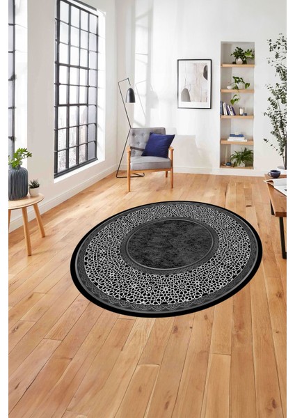 Çerçeveli Klasik Şekil Modern Yıkanabilir Kaymaz Yuvarlak Salon Halısı, ÇERÇEVELİ-Y-129-ANTRASİT,