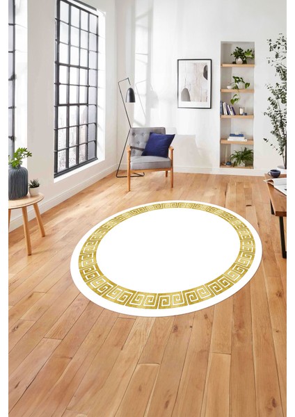 Çerçeveli Sade Vektörel Model Yıkanabilir Kaymaz Yuvarlak Salon Halısı, Çerçeveli-Y-98-Sarı,