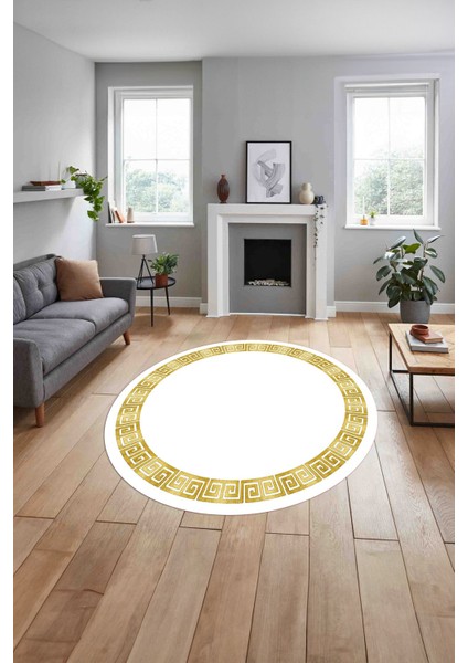 Çerçeveli Sade Vektörel Model Yıkanabilir Kaymaz Yuvarlak Salon Halısı, Çerçeveli-Y-98-Sarı, indirimleri