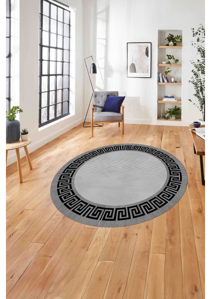 Çerçeveli Çizgi Detaylı Modern Yıkanabilir Kaymaz Yuvarlak Salon Halısı, ÇERÇEVELİ-Y-101-GRİ,