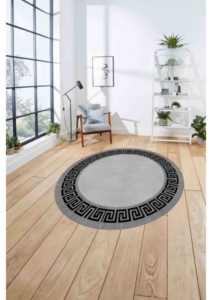 Çerçeveli Çizgi Detaylı Modern Yıkanabilir Kaymaz Yuvarlak Salon Halısı, ÇERÇEVELİ-Y-101-GRİ, fırsatları