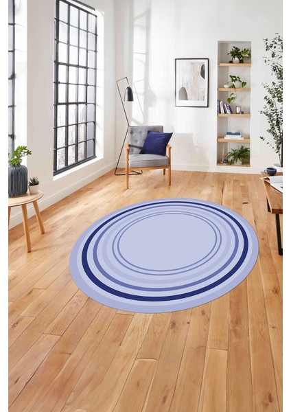 Çerçeveli Modern Dijital Baskılı Yıkanabilir Kaymaz Yuvarlak Salon Halısı, Çerçeveli-Y-78-Mavi,