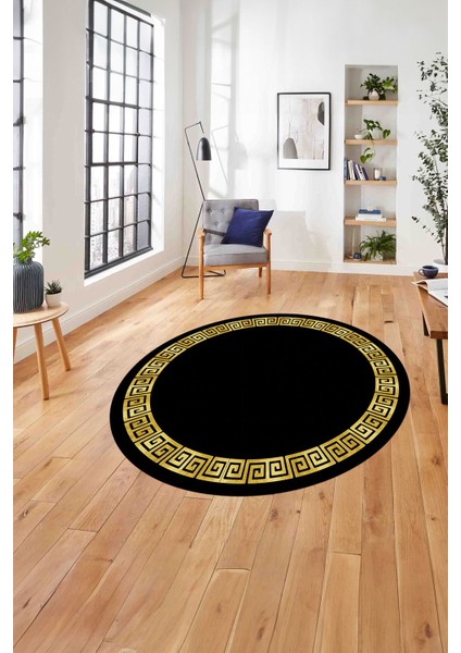 Çerçeveli Sade Vektörel Model Yıkanabilir Kaymaz Yuvarlak Salon Halısı, Çerçeveli-Y-98-Gold,