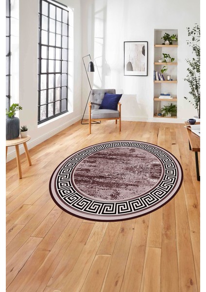 Çerçeveli Klasik Modern Baskılı Yıkanabilir Kaymaz Yuvarlak Salon Halısı, ÇERÇEVELİ-Y-106-BORDO,