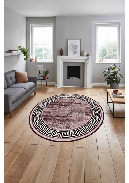 Çerçeveli Klasik Modern Baskılı Yıkanabilir Kaymaz Yuvarlak Salon Halısı, ÇERÇEVELİ-Y-106-BORDO, indirimleri