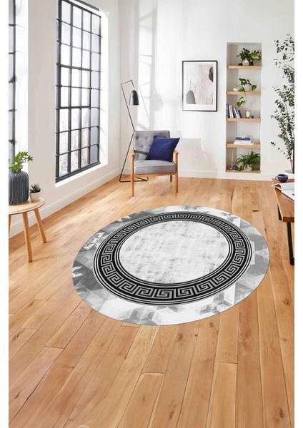 Çerçeveli Modern Klasik Baskılı Yıkanabilir Kaymaz Yuvarlak Salon Halısı, ÇERÇEVELİ-Y-109-GRİ,