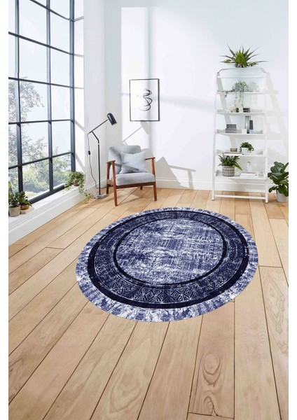 Çerçeveli Otantik Desen Detay Yıkanabilir Kaymaz Yuvarlak Salon Halısı, ÇERÇEVELİ-Y-115-LACİVERT, fırsatları