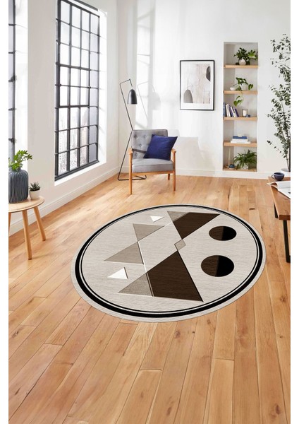 Çerçeveli Üçgen Desenli Yıkanabilir Kaymaz Yuvarlak Salon Halısı, Çerçeveli-Y-84-Kahve,