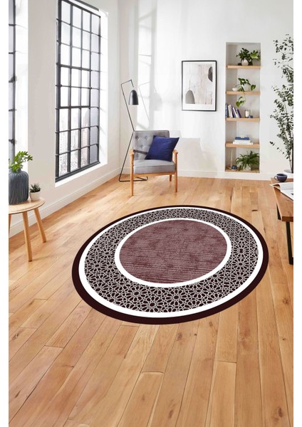 Çerçeveli Yeni Nesil Model Yıkanabilir Kaymaz Yuvarlak Salon Halısı, Çerçeveli-Y-91-Bordo,