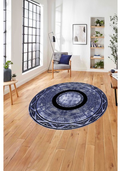 Çerçeveli Sade Görünümlü Yıkanabilir Kaymaz Yuvarlak Salon Halısı, ÇERÇEVELİ-Y-125-LACİVERT,