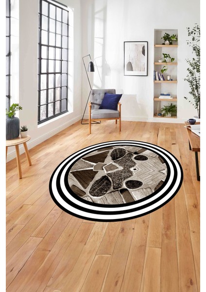 Çerçeveli Mermer Görünümlü Yıkanabilir Kaymaz Yuvarlak Salon Halısı, Çerçeveli-Y-124-Kahve,
