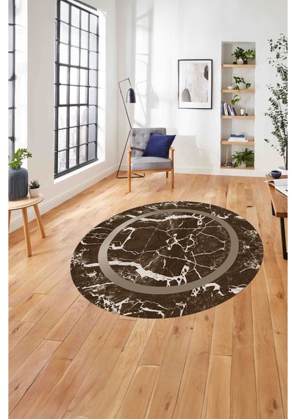 Çerçeveli Mermer Deseneli Yıkanabilir Kaymaz Yuvarlak Salon Halısı, Çerçeveli-Y-64-Kahve,