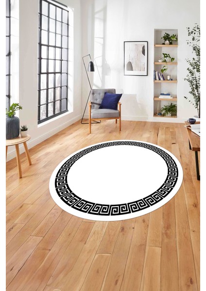 Çerçeveli Sade Vektörel Model Yıkanabilir Kaymaz Yuvarlak Salon Halısı, Çerçeveli-Y-98-Beyaz,