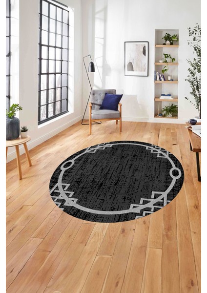 Çerçeveli Akrilik Desenli Yıkanabilir Kaymaz Yuvarlak Salon Halısı, Çerçeveli-Y-62-Gri,