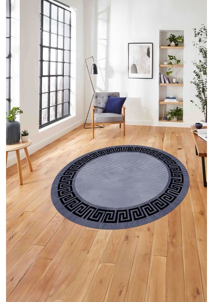 Çerçeveli Çizgi Detaylı Modern Yıkanabilir Kaymaz Yuvarlak Salon HALISI,ÇERÇEVELİ-Y-101-LACİVERT,