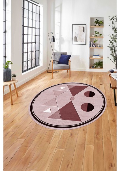 Çerçeveli Üçgen Desenli Yıkanabilir Kaymaz Yuvarlak Salon Halısı, Çerçeveli-Y-84-Bordo,