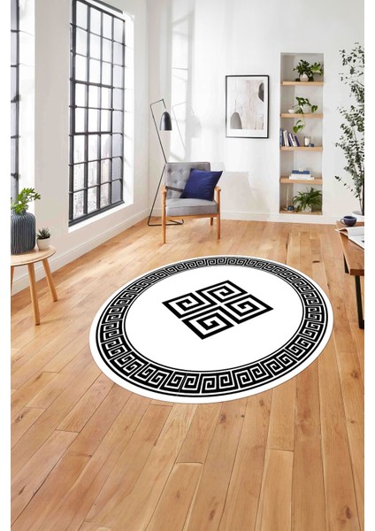 Çerçeveli Vektörel Desenli Yıkanabilir Kaymaz Yuvarlak Salon Halısı, Çerçeveli-Y-82-Beyaz,