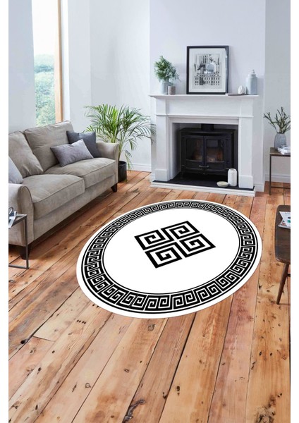 Çerçeveli Vektörel Desenli Yıkanabilir Kaymaz Yuvarlak Salon Halısı, Çerçeveli-Y-82-Beyaz, fiyatları