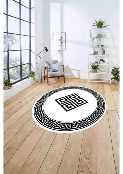 Çerçeveli Vektörel Desenli Yıkanabilir Kaymaz Yuvarlak Salon Halısı, Çerçeveli-Y-82-Beyaz, fırsatları
