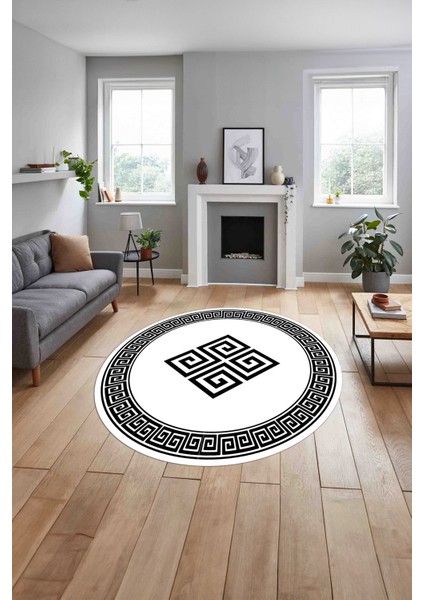 Çerçeveli Vektörel Desenli Yıkanabilir Kaymaz Yuvarlak Salon Halısı, Çerçeveli-Y-82-Beyaz, indirimleri