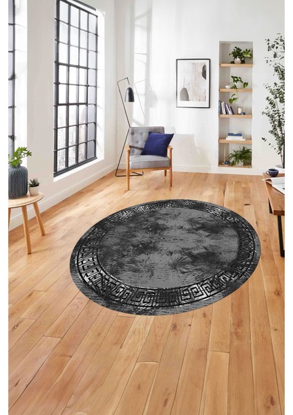 Çerçeveli Sade Modern Baskılı Yıkanabilir Kaymaz Yuvarlak Salon Halısı, ÇERÇEVELİ-Y-104-ANTRASİT,