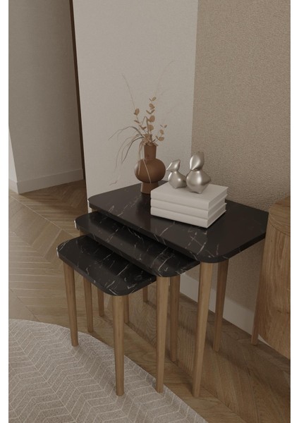 Wood Aria Kare Zigon Sehpa, 3lü Sehpa Seti, Zigon Sehpa,, Ahşap Ayaklı Zigon Sehpa