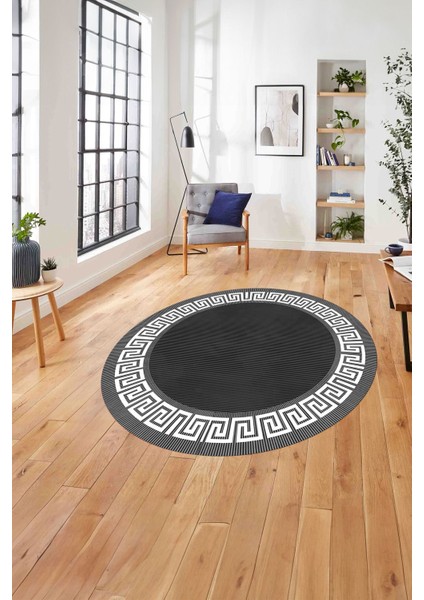 Çerçeveli Çizgi Detaylı Modern Yıkanabilir Kaymaz Yuvarlak Salon HALISI,ÇERÇEVELİ-Y-101-ANTRASİT,
