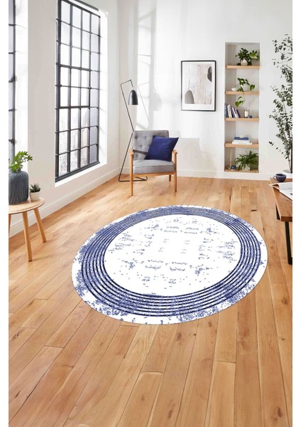 Çerçeveli Dijital Baskılı Yıkanabilir Kaymaz Yuvarlak Salon Halısı, Çerçeveli-Y-70-Lacivert,