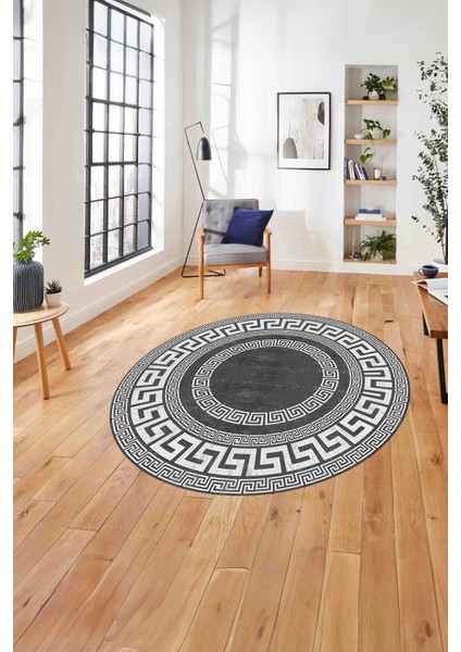 Çerçeveli Vektörel Modelli Sade Yıkanabilir Kaymaz Yuvarlak Salon Halısı, Çerçeveli-Y-90-Gri,