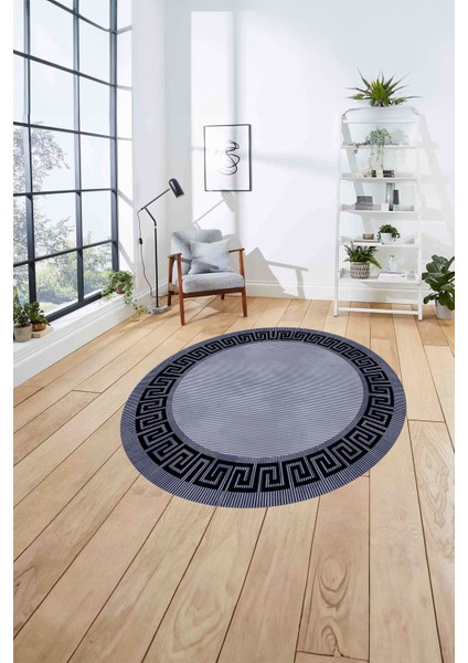 Çerçeveli Çizgi Detaylı Modern Yıkanabilir Kaymaz Yuvarlak Salon Halısı,Çerçeveli-Y-101-Lacivert, fırsatları