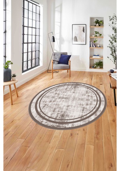 Çerçeveli Sade Modern Baskılı Yıkanabilir Kaymaz Yuvarlak Salon Halısı, Çerçeveli-Y-80-Vizon,