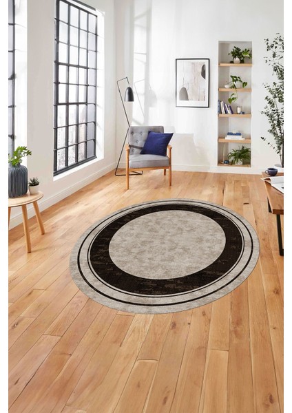 Baskılı Çerçeveli Düz Model Yıkanabilir Kaymaz Yuvarlak Salon Halısı, Çerçeveli-Y-60-Kahve,