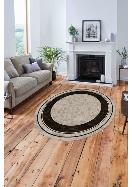 Baskılı Çerçeveli Düz Model Yıkanabilir Kaymaz Yuvarlak Salon Halısı, Çerçeveli-Y-60-Kahve, fiyatları