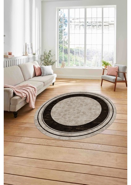 Baskılı Çerçeveli Düz Model Yıkanabilir Kaymaz Yuvarlak Salon Halısı, Çerçeveli-Y-60-Kahve, modelleri